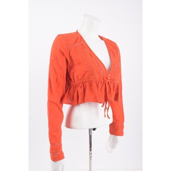 Zara Womens Cropped Top Shirt Lace Ruffle XS Red Linen Long Sleeve 0881/414 NWT - Picture 2 of 5